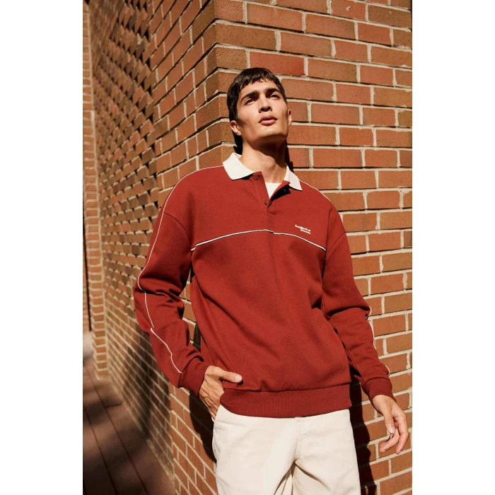 Defacto F0116AXBR311 Bordo Boxy Fit Rahat Kesim Polo Yaka Baskılı Sweatshirt