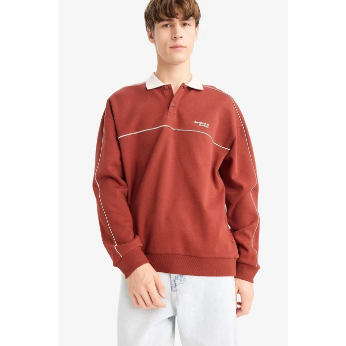 Defacto F0116AXBR311 Bordo Boxy Fit Rahat Kesim Polo Yaka Baskılı Sweatshirt