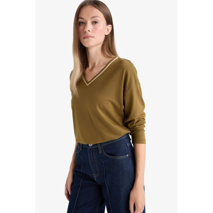 Defacto G0210AXKH196 Haki Regular Fit V Yaka Uzun Kollu Tişört