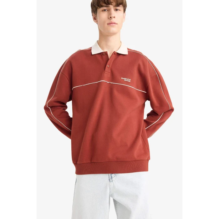 Defacto F0116AXBR311 Bordo Boxy Fit Rahat Kesim Polo Yaka Baskılı Sweatshirt