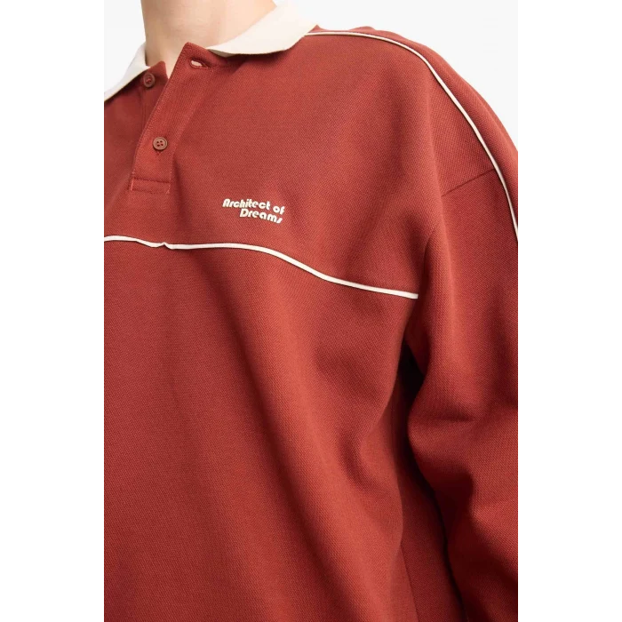 Defacto F0116AXBR311 Bordo Boxy Fit Rahat Kesim Polo Yaka Baskılı Sweatshirt
