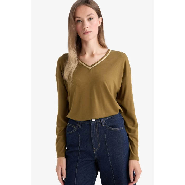 Defacto G0210AXKH196 Haki Regular Fit V Yaka Uzun Kollu Tişört