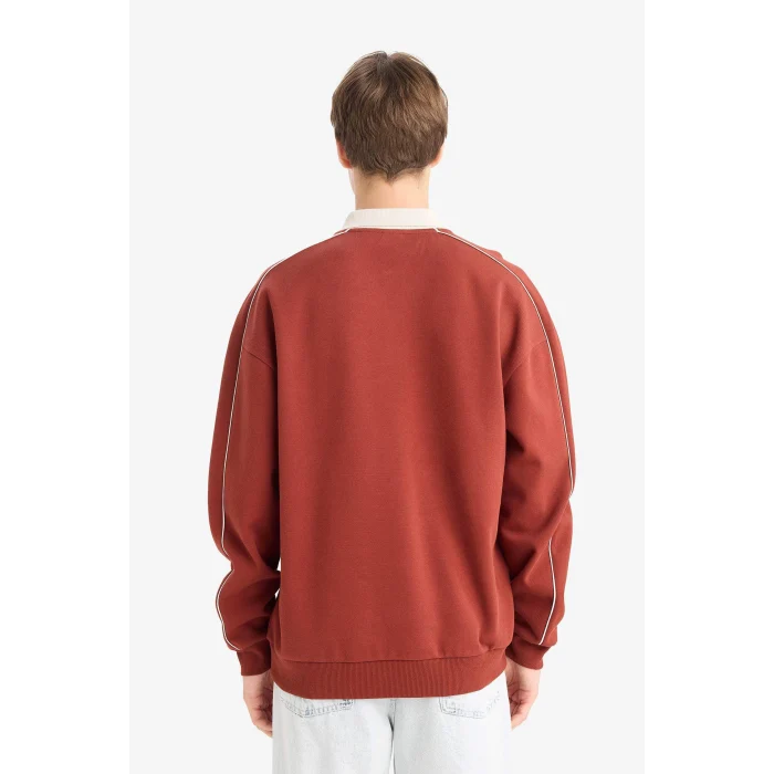 Defacto F0116AXBR311 Bordo Boxy Fit Rahat Kesim Polo Yaka Baskılı Sweatshirt