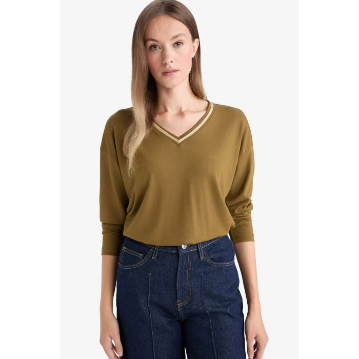 Defacto G0210AXKH196 Haki Regular Fit V Yaka Uzun Kollu Tişört