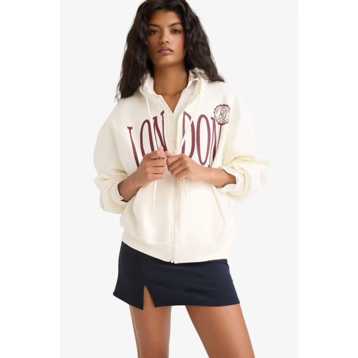 Defacto F9178AXER42 Ekru Oversize Geniş Kalıp Kapüşonlu Baskılı Fermuarlı Sweatshirt