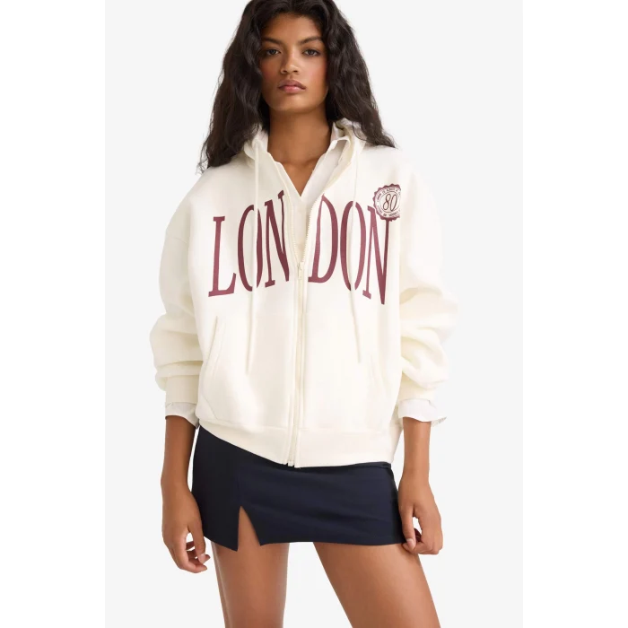 Defacto F9178AXER42 Ekru Oversize Geniş Kalıp Kapüşonlu Baskılı Fermuarlı Sweatshirt