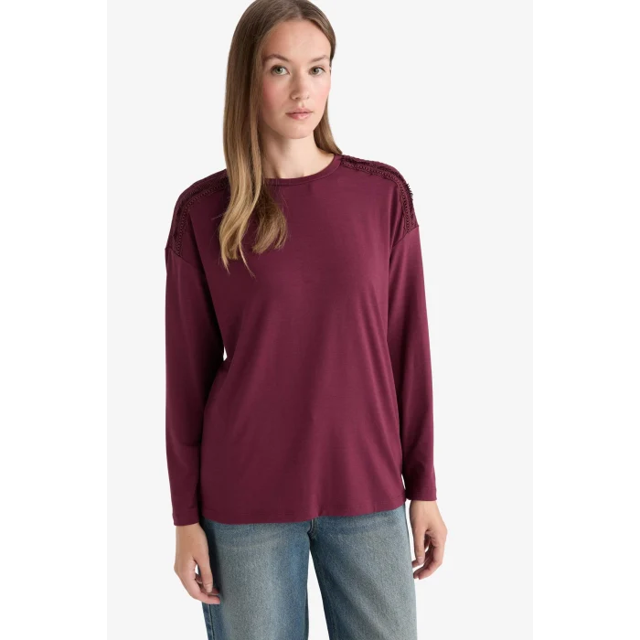 Defacto E9905AXBR115 Bordo Regular Fit Bisiklet Yaka Uzun Kollu Tişört