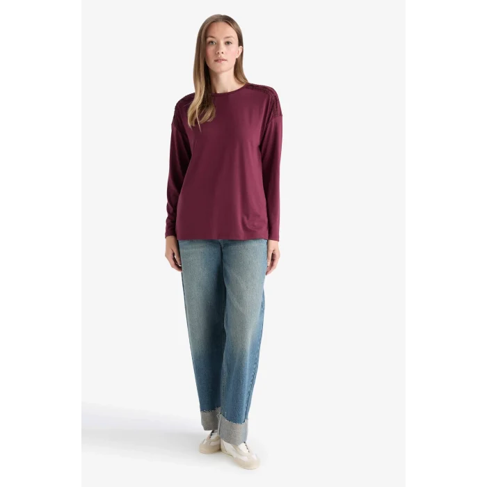 Defacto E9905AXBR115 Bordo Regular Fit Bisiklet Yaka Uzun Kollu Tişört