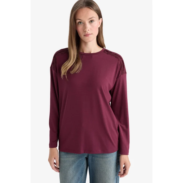 Defacto E9905AXBR115 Bordo Regular Fit Bisiklet Yaka Uzun Kollu Tişört