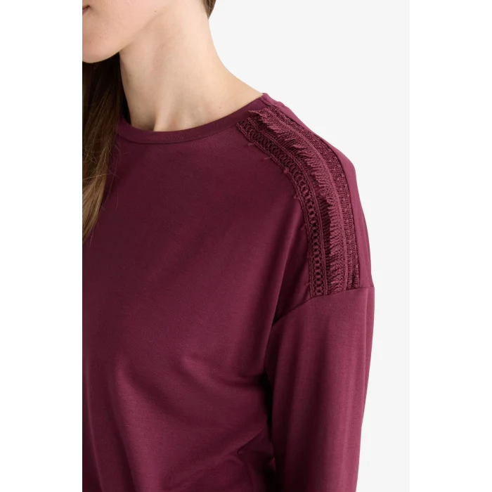 Defacto E9905AXBR115 Bordo Regular Fit Bisiklet Yaka Uzun Kollu Tişört