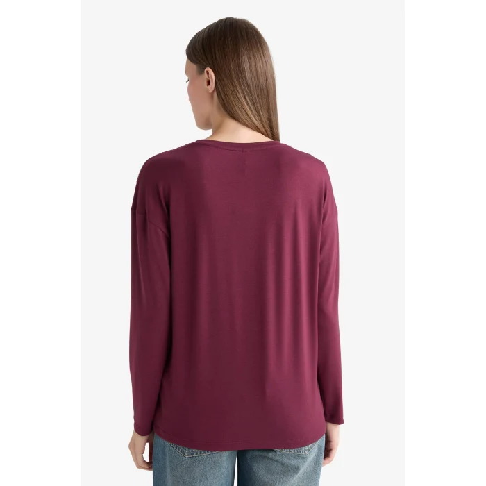 Defacto E9905AXBR115 Bordo Regular Fit Bisiklet Yaka Uzun Kollu Tişört