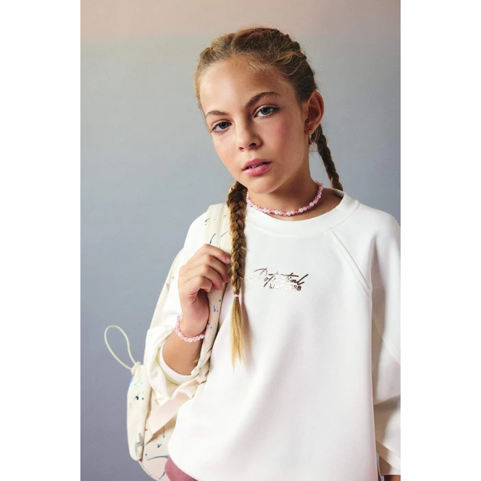 Defacto F2793A8ER140 Ekru Kız Çocuk Relax Fit Bisiklet Yaka Baskılı Modal Sweatshirt