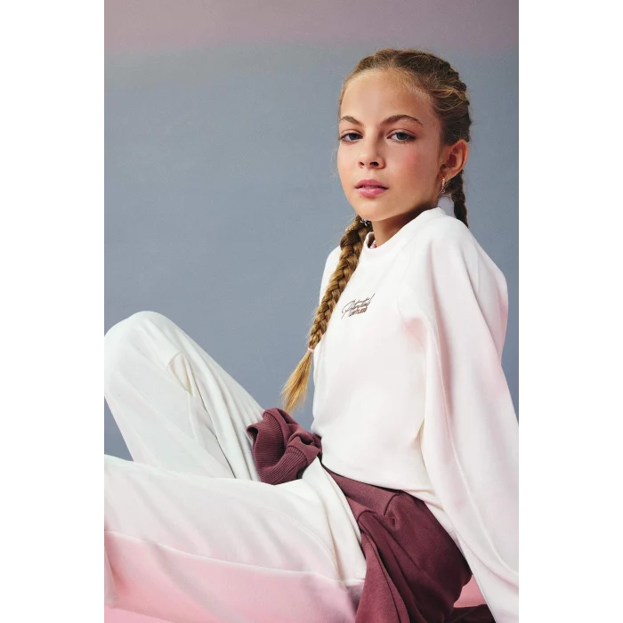 Defacto F2793A8ER140 Ekru Kız Çocuk Relax Fit Bisiklet Yaka Baskılı Modal Sweatshirt