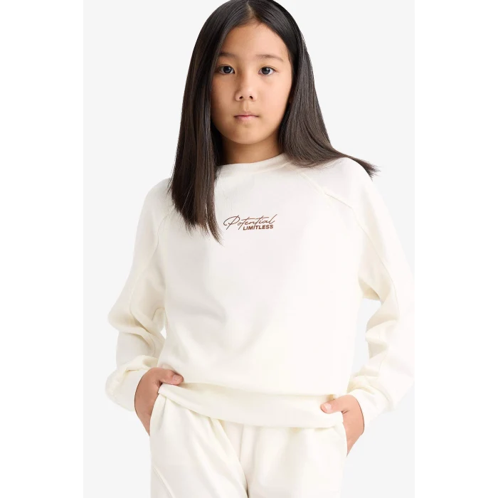 Defacto F2793A8ER140 Ekru Kız Çocuk Relax Fit Bisiklet Yaka Baskılı Modal Sweatshirt