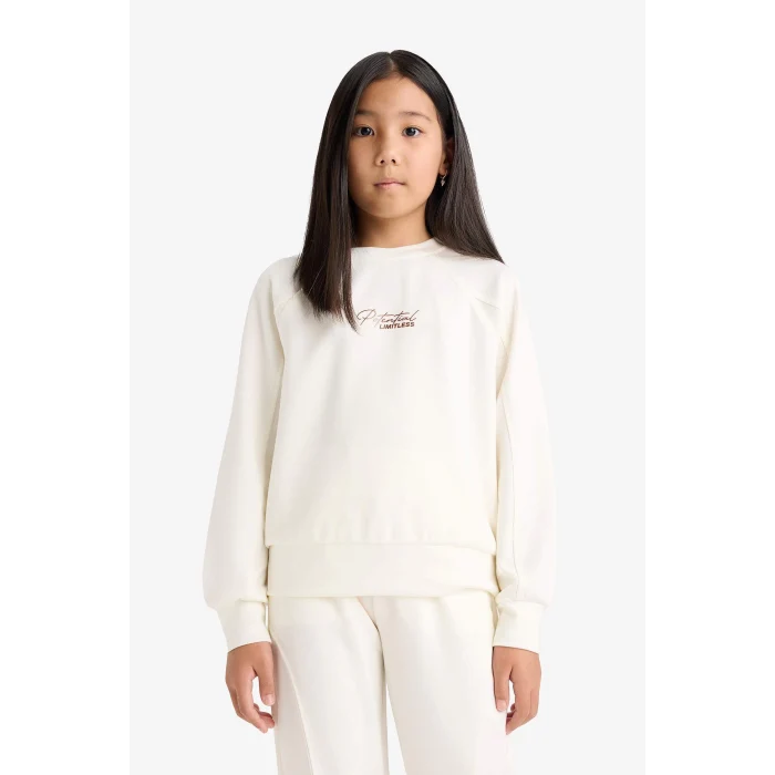 Defacto F2793A8ER140 Ekru Kız Çocuk Relax Fit Bisiklet Yaka Baskılı Modal Sweatshirt