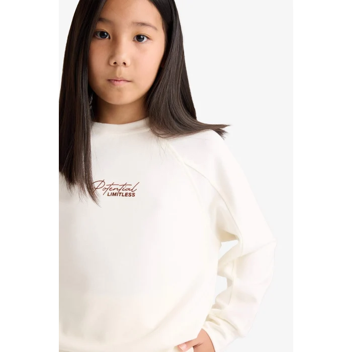 Defacto F2793A8ER140 Ekru Kız Çocuk Relax Fit Bisiklet Yaka Baskılı Modal Sweatshirt