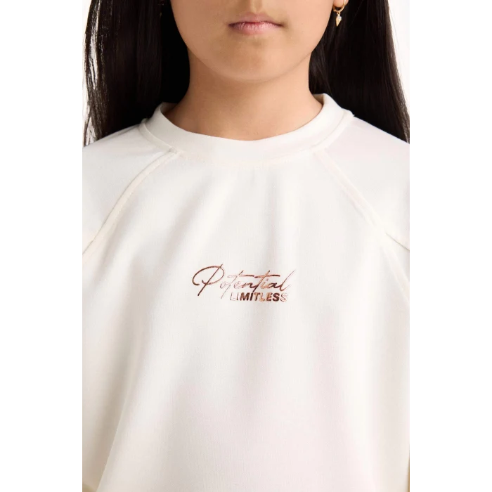 Defacto F2793A8ER140 Ekru Kız Çocuk Relax Fit Bisiklet Yaka Baskılı Modal Sweatshirt