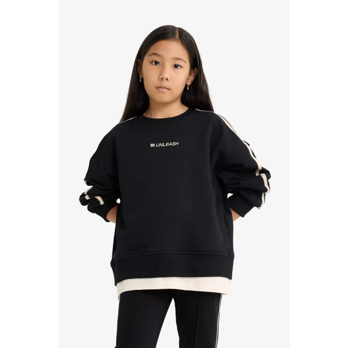 Defacto F2795A8BK81 Siyah Kız Çocuk Oversize Geniş Kalıp Bisiklet Yaka Baskılı Sweatshirt