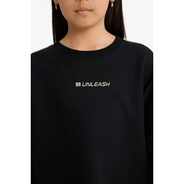 Defacto F2795A8BK81 Siyah Kız Çocuk Oversize Geniş Kalıp Bisiklet Yaka Baskılı Sweatshirt