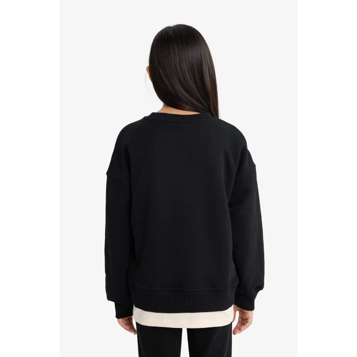 Defacto F2795A8BK81 Siyah Kız Çocuk Oversize Geniş Kalıp Bisiklet Yaka Baskılı Sweatshirt