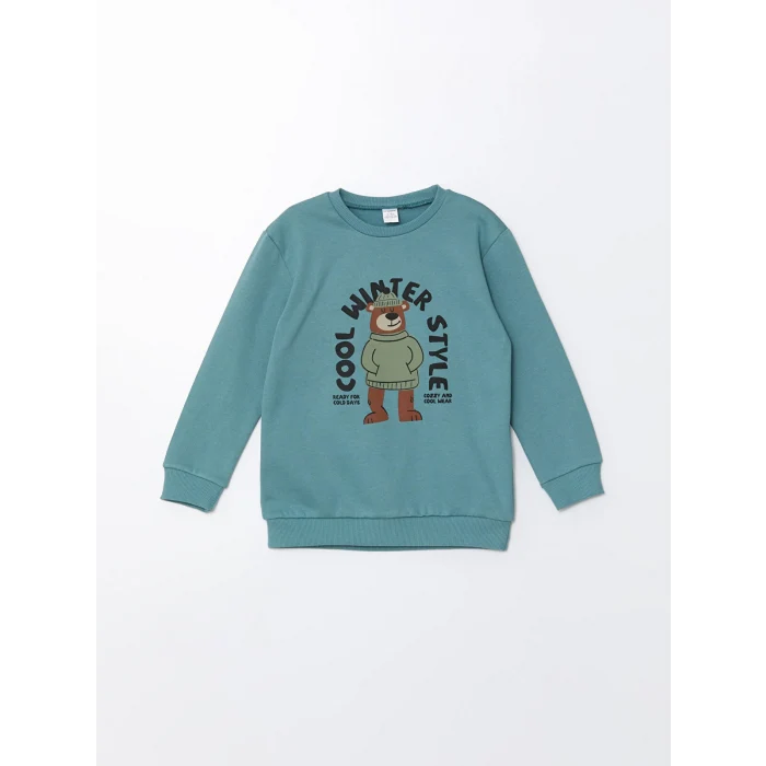 LCW Kids Yeşil Bisiklet Yaka Kalın Baskılı Erkek Bebek Sweatshirt