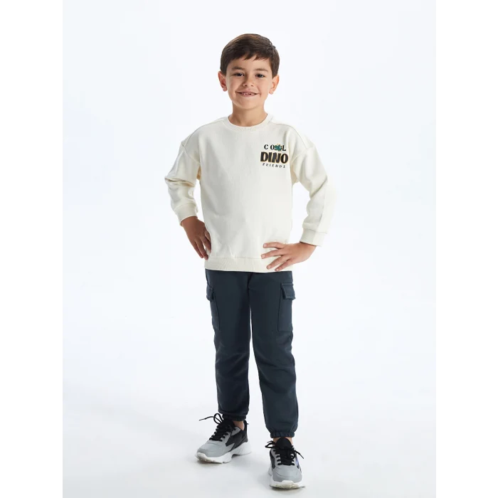 LCW Kids Bej Bisiklet Yaka Kalın Baskılı Erkek Çocuk Sweatshirt