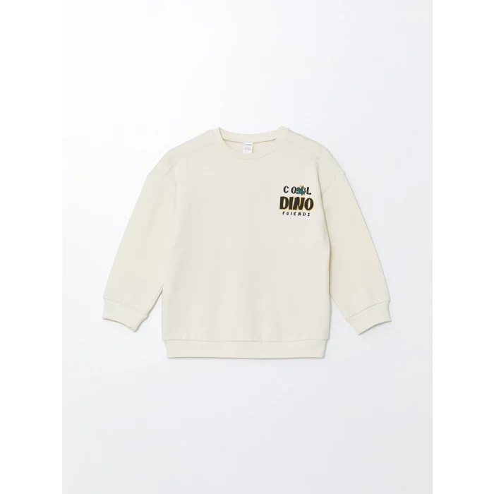 LCW Kids Bej Bisiklet Yaka Kalın Baskılı Erkek Çocuk Sweatshirt