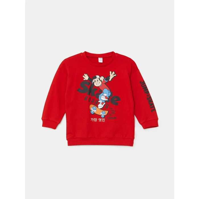 LCW Kids Kirmizi Bisiklet Yaka Nostaljik Maymun Baskılı Erkek Bebek Sweatshirt