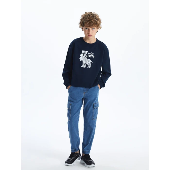 LCW Kids Lacivert Bisiklet Yaka Erkek Çocuk Kalın Sweatshirt