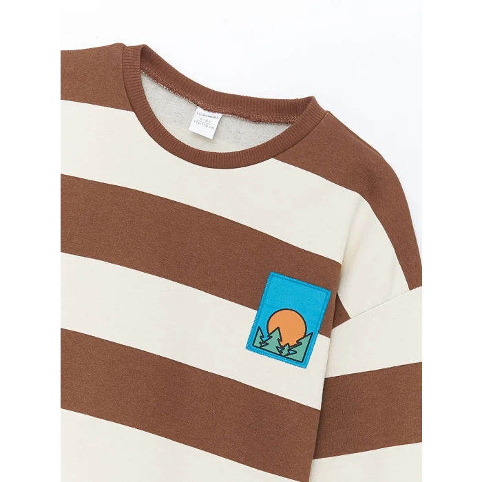 LCW Kids Kahverengi Bisiklet Yaka Çizgili Kalın Erkek Çocuk Sweatshirt