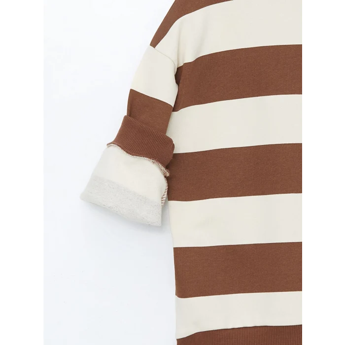 LCW Kids Kahverengi Bisiklet Yaka Çizgili Kalın Erkek Çocuk Sweatshirt