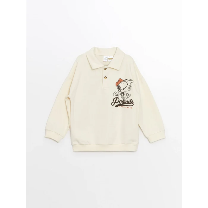LCW Kids Bej Polo Yaka Uzun Kollu Baskılı Erkek Çocuk Sweatshirt