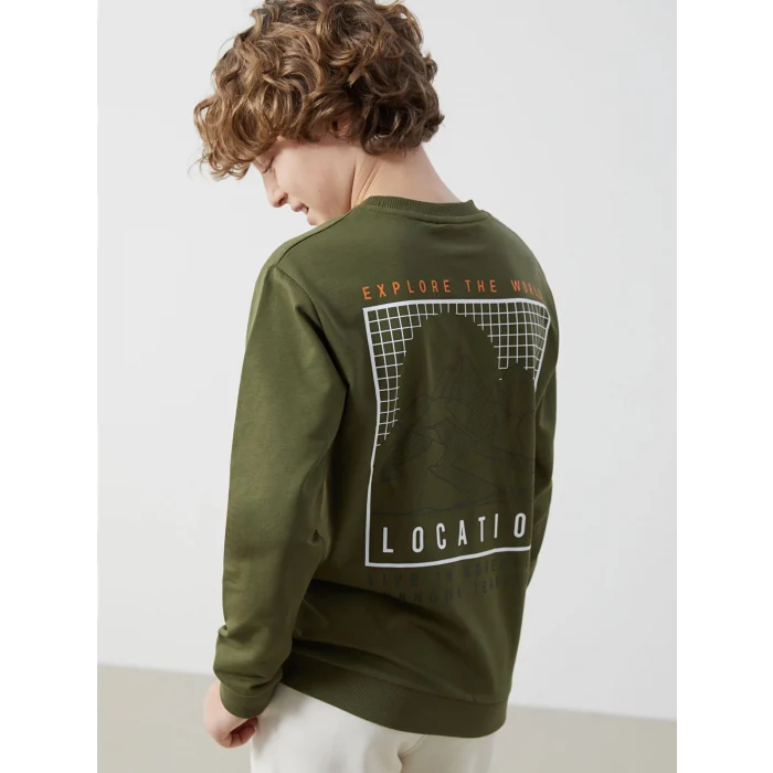 LCW Kids Yeşil Bisiklet Yaka Baskılı Erkek Çocuk Sweatshirt