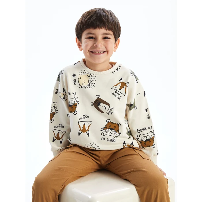 LCW Kids Ekru Bisiklet Yaka Uzun Kollu Baskılı Erkek Çocuk Sweatshirt