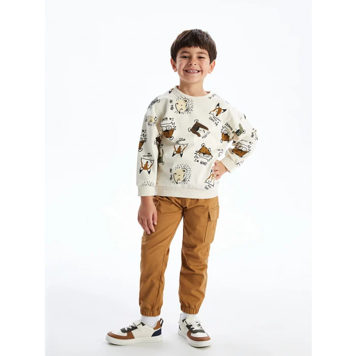 LCW Kids Ekru Bisiklet Yaka Uzun Kollu Baskılı Erkek Çocuk Sweatshirt