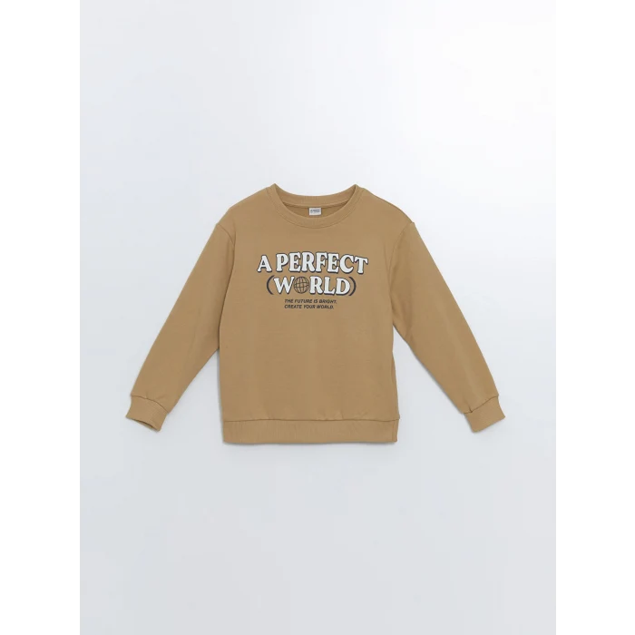 LCW Kids Bej Bisiklet Yaka Baskılı Uzun Kollu Erkek Çocuk Sweatshirt