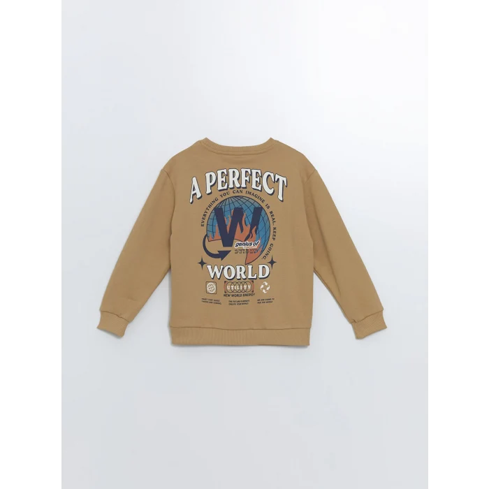 LCW Kids Bej Bisiklet Yaka Baskılı Uzun Kollu Erkek Çocuk Sweatshirt