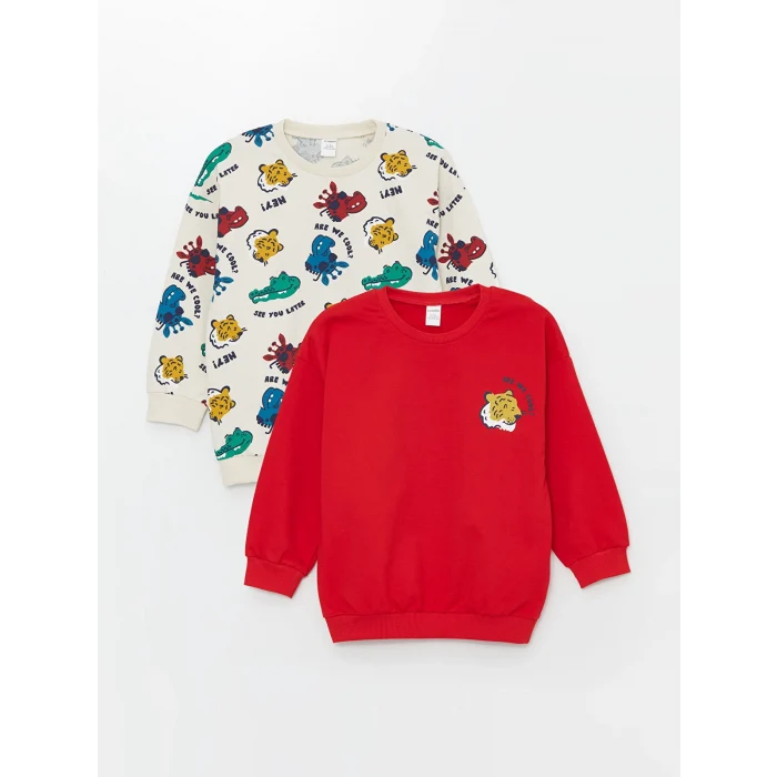 LCW Kids Bej Bisiklet Yaka Uzun Kollu Baskılı Erkek Bebek Sweatshirt 2li