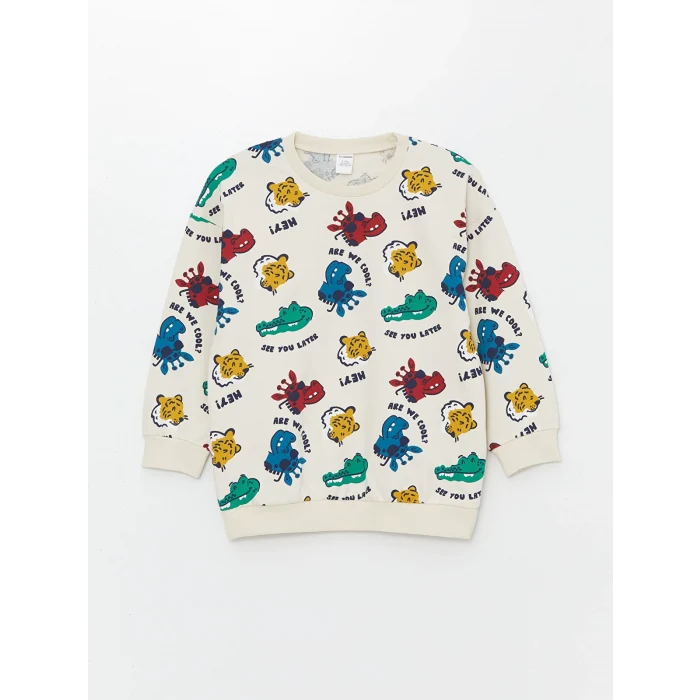LCW Kids Bej Bisiklet Yaka Uzun Kollu Baskılı Erkek Bebek Sweatshirt 2li