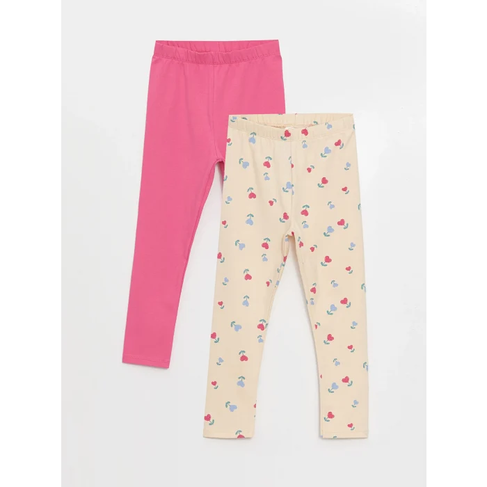 LCW Kids Ekru Beli Lastikli Baskılı Kız Çocuk Tayt 2li