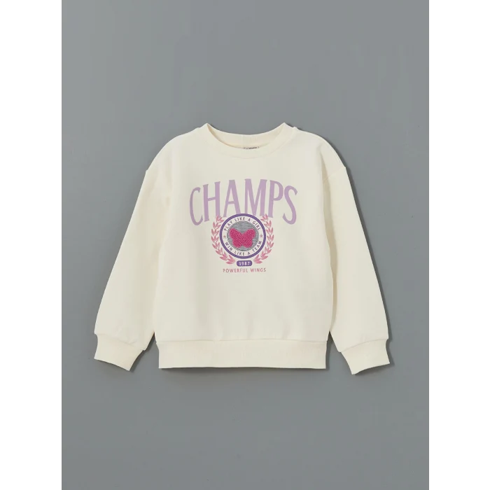 LCW Kids Ekru Bisiklet Yaka Kız Çocuk Kalın Sweatshirt