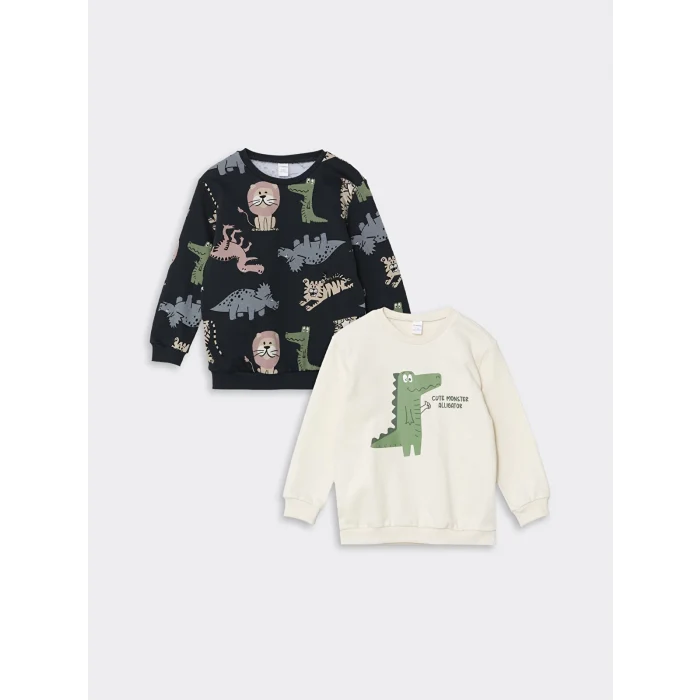 LCW Kids Bej Bisiklet Yaka Baskılı Erkek Bebek Sweatshirt 2li