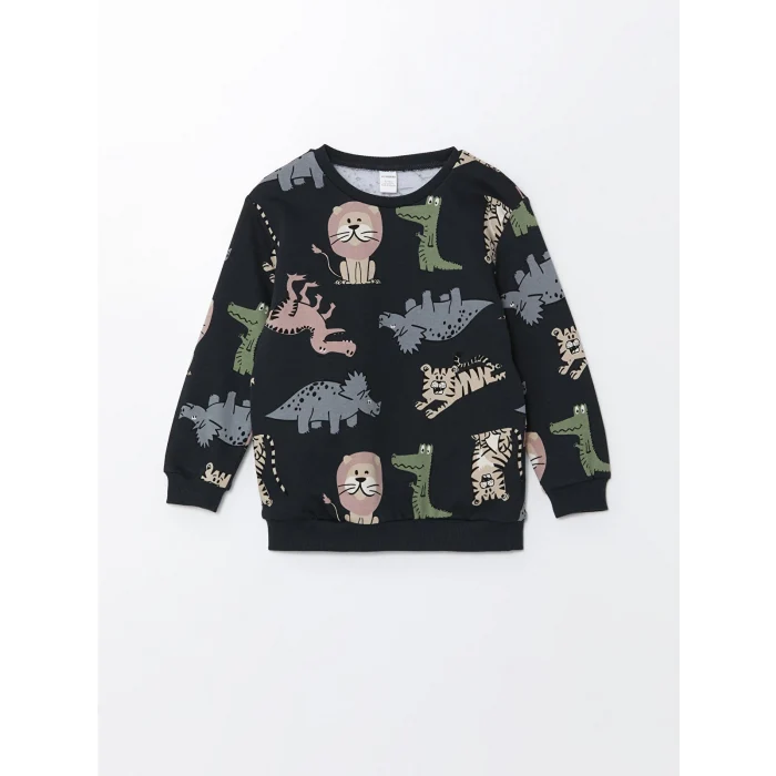 LCW Kids Bej Bisiklet Yaka Baskılı Erkek Bebek Sweatshirt 2li