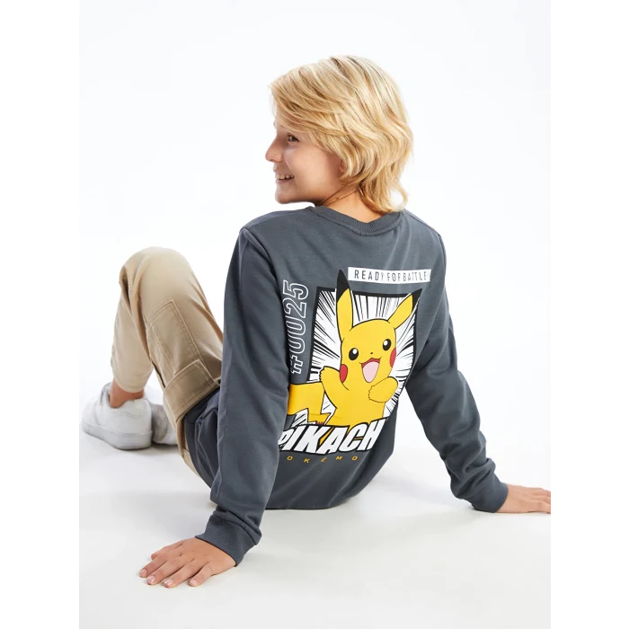 LCW Kids Gri Bisiklet Yaka Baskılı Erkek Çocuk Sweatshirt