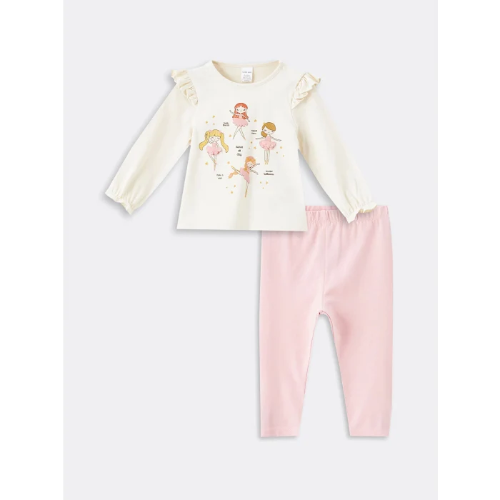 LCW baby Ekru Bisiklet Yaka Uzun Kollu Baskılı Kız Bebek Bluz ve Tayt 2li Takım