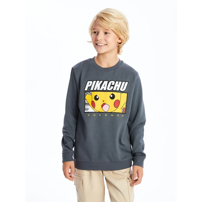 LCW Kids Gri Bisiklet Yaka Baskılı Erkek Çocuk Sweatshirt