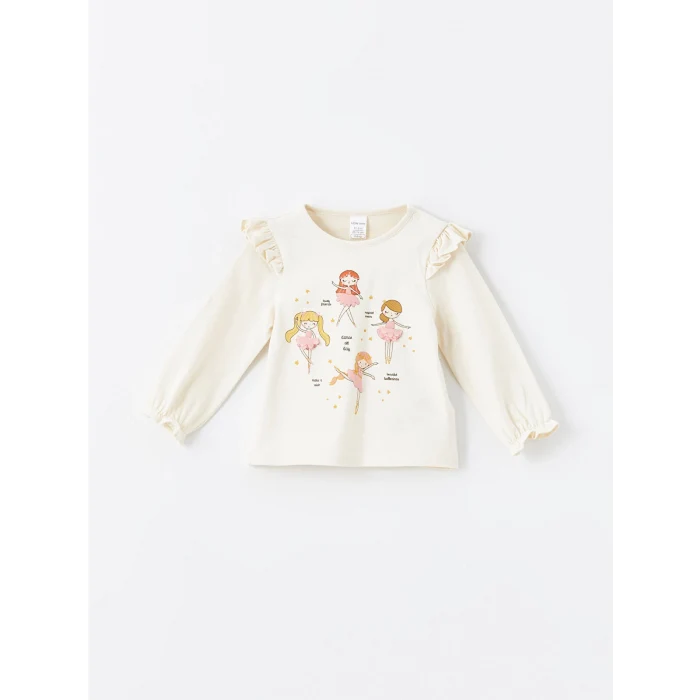 LCW baby Ekru Bisiklet Yaka Uzun Kollu Baskılı Kız Bebek Bluz ve Tayt 2li Takım