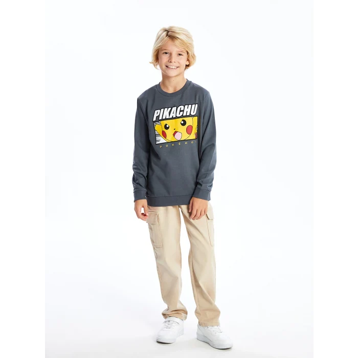 LCW Kids Gri Bisiklet Yaka Baskılı Erkek Çocuk Sweatshirt