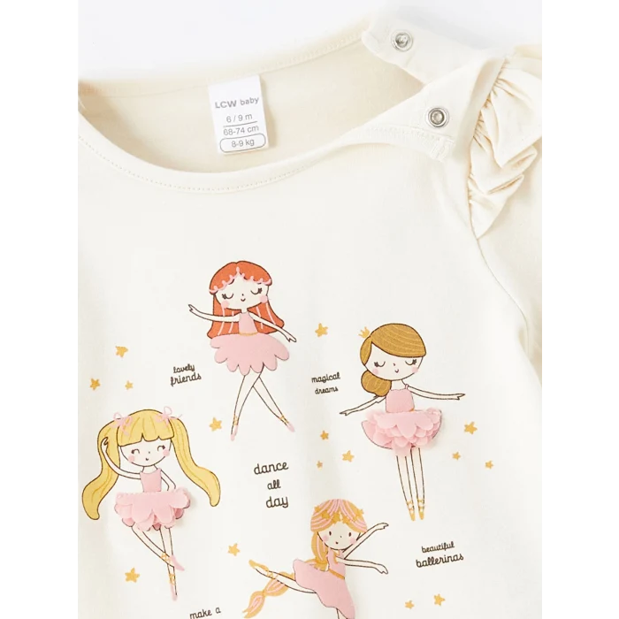 LCW baby Ekru Bisiklet Yaka Uzun Kollu Baskılı Kız Bebek Bluz ve Tayt 2li Takım