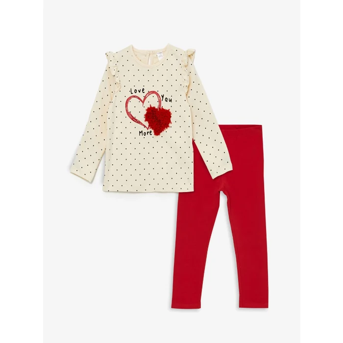 LCW Kids Ekru Bisiklet Yaka Baskılı Kız Çocuk Bluz ve Tayt 2li